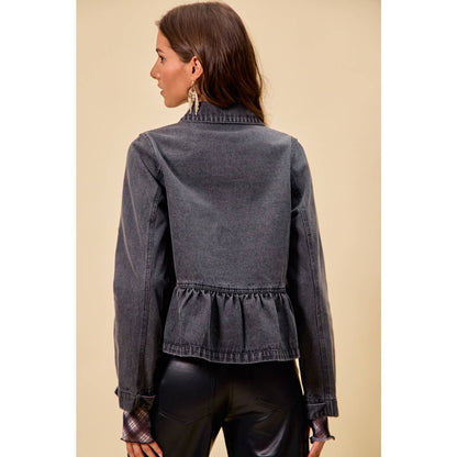 DENIM PEPLUM HEM FRONT BUTTON JACKET WITH POCKETS