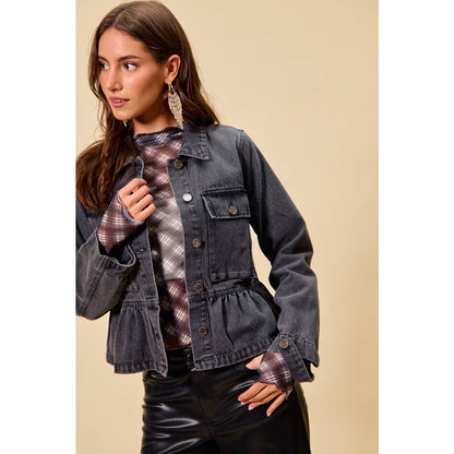 DENIM PEPLUM HEM FRONT BUTTON JACKET WITH POCKETS