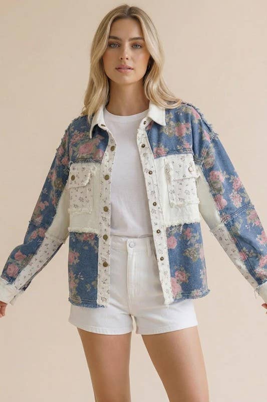 Washed Floral Color Block Denim Jacket