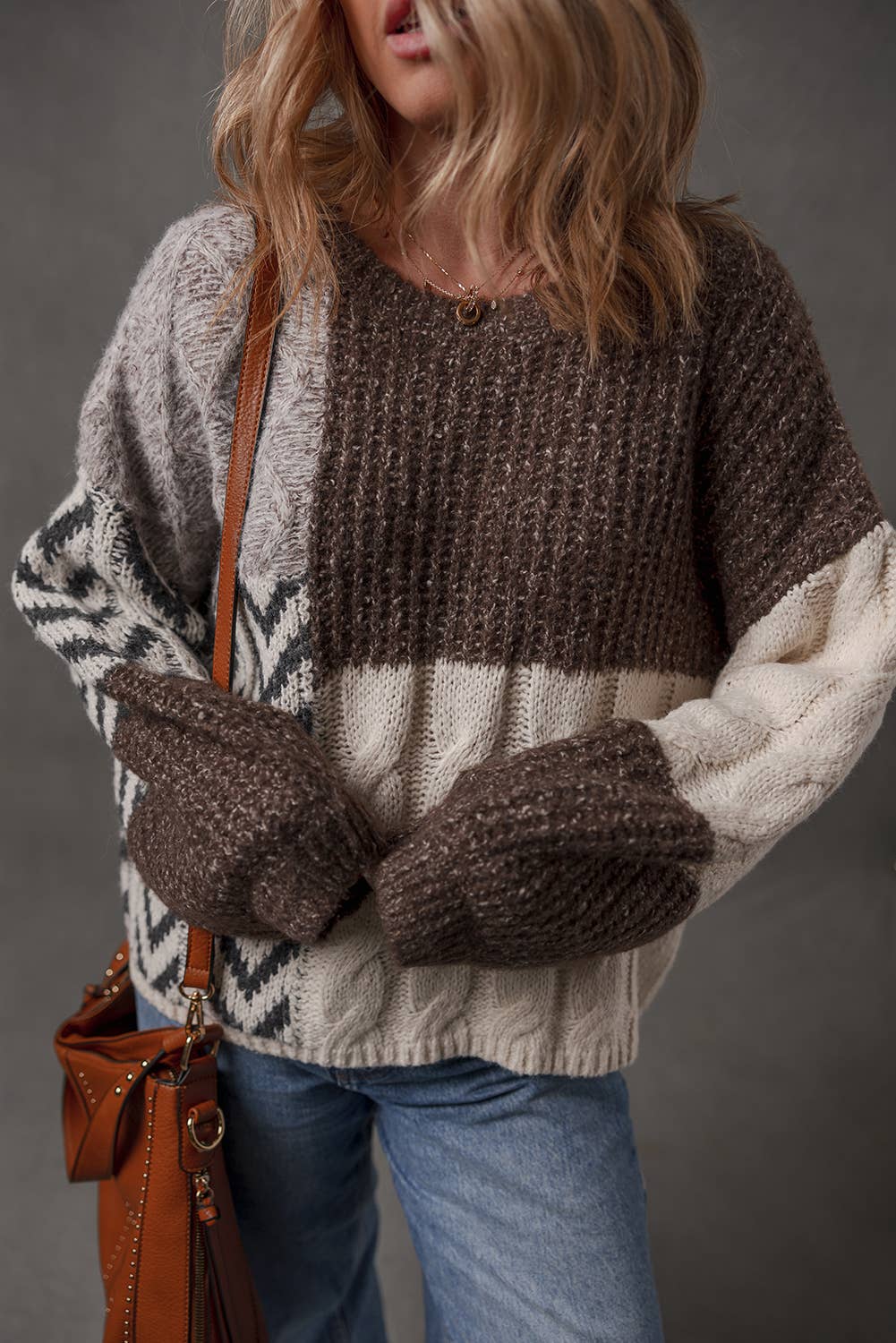Color Block Patchwork Knotted Back Loose Fit Sweater