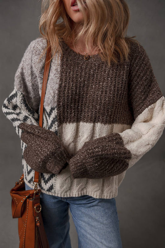Color Block Patchwork Knotted Back Loose Fit Sweater