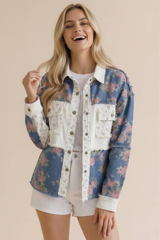 Washed Floral Color Block Denim Jacket