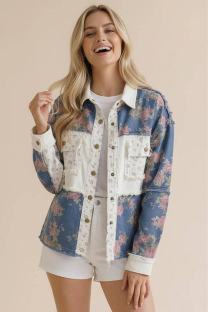 Washed Floral Color Block Denim Jacket