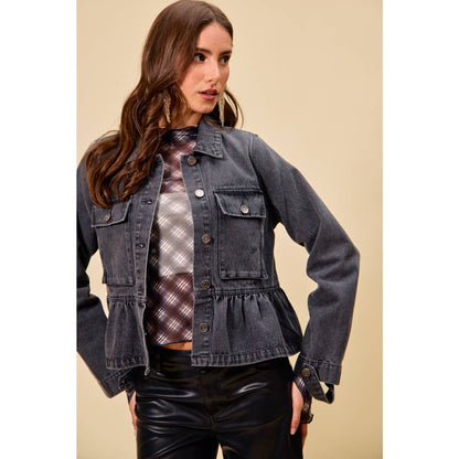 DENIM PEPLUM HEM FRONT BUTTON JACKET WITH POCKETS