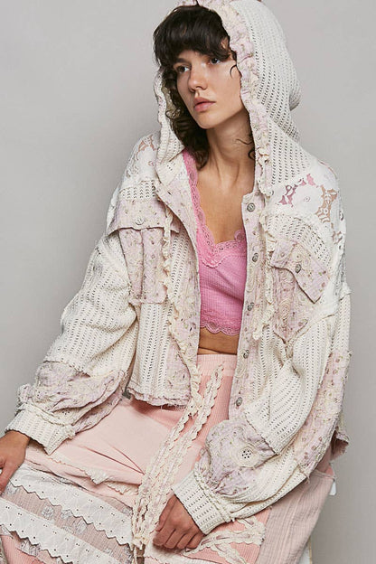Floral Pattern Lace Contrast Textured Knit Hooded Jacket