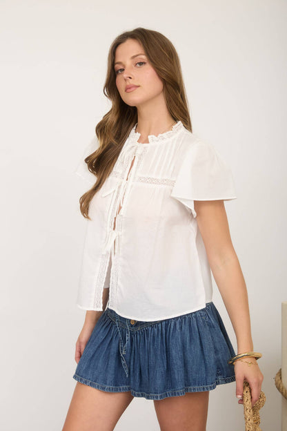 Blu Pepper - PINTUCK LACE YOKE RUFFLE DETAIL FRONT TIE BLOUSE