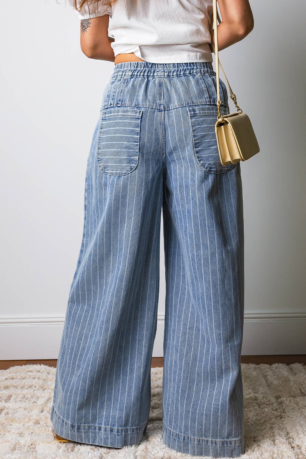 fashionworks - Stripe Button Pleated Drawstring Waist Casual Wide Leg Jeans