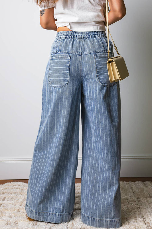 fashionworks - Stripe Button Pleated Drawstring Waist Casual Wide Leg Jeans