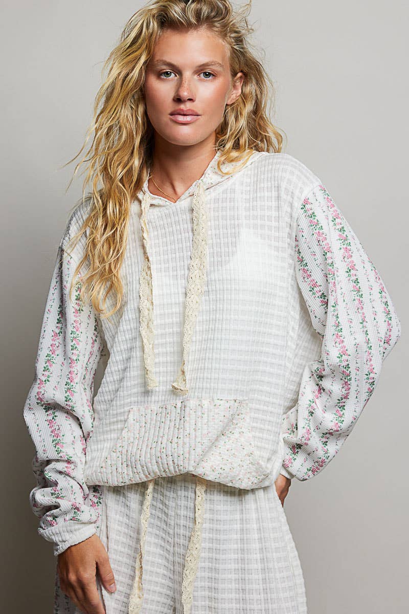 Pol Clothing - Kangaroo Pocket Mixed Knit Contrast Sleeve Hooded Pullover
