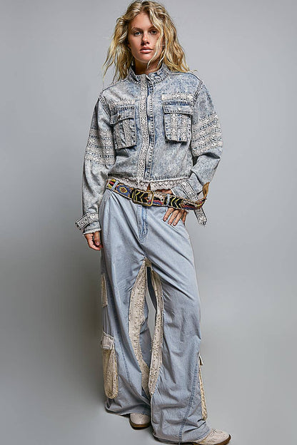 Vintage Wash Denim Lace Trim Buckle Cuff Stand Collar Jacket