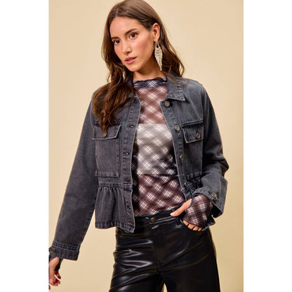 DENIM PEPLUM HEM FRONT BUTTON JACKET WITH POCKETS