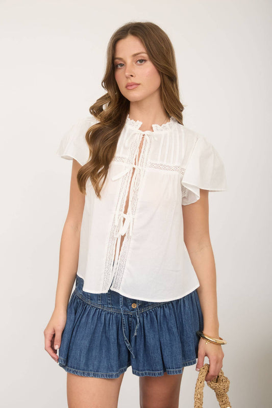 Blu Pepper - PINTUCK LACE YOKE RUFFLE DETAIL FRONT TIE BLOUSE