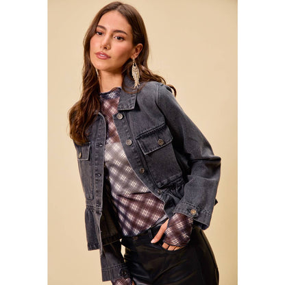 DENIM PEPLUM HEM FRONT BUTTON JACKET WITH POCKETS
