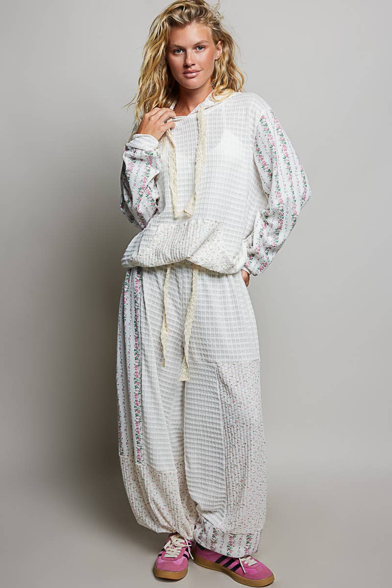 Pol Clothing - Kangaroo Pocket Mixed Knit Contrast Sleeve Hooded Pullover