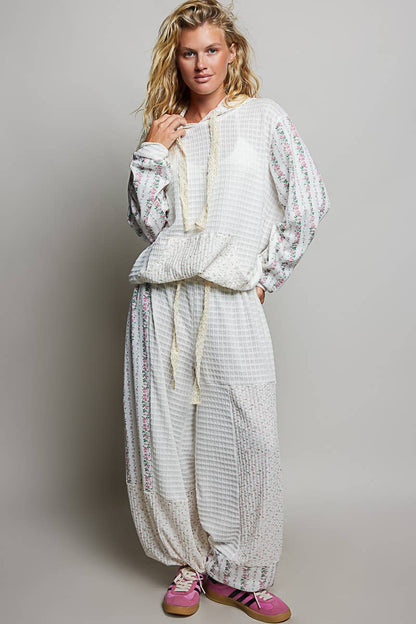 Pol Clothing - Kangaroo Pocket Mixed Knit Contrast Sleeve Hooded Pullover