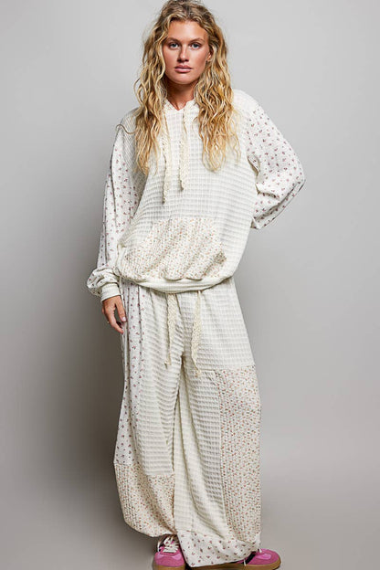 Pol Clothing - Kangaroo Pocket Mixed Knit Contrast Sleeve Hooded Pullover