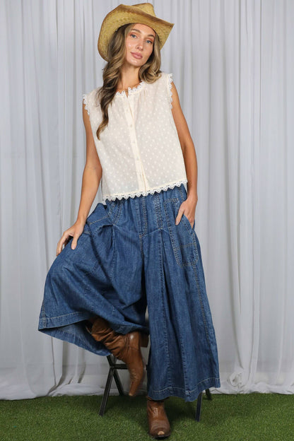 Vine & Love - Pin-Tuck 100%Tencel Chambray Cropped Washed Pants
