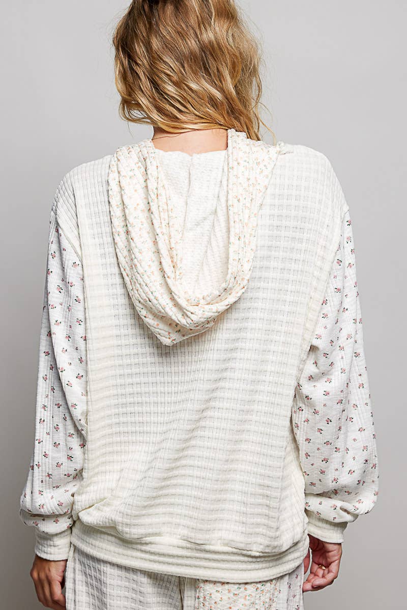 Pol Clothing - Kangaroo Pocket Mixed Knit Contrast Sleeve Hooded Pullover
