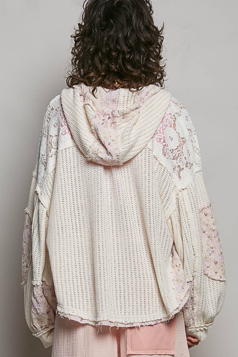 Floral Pattern Lace Contrast Textured Knit Hooded Jacket