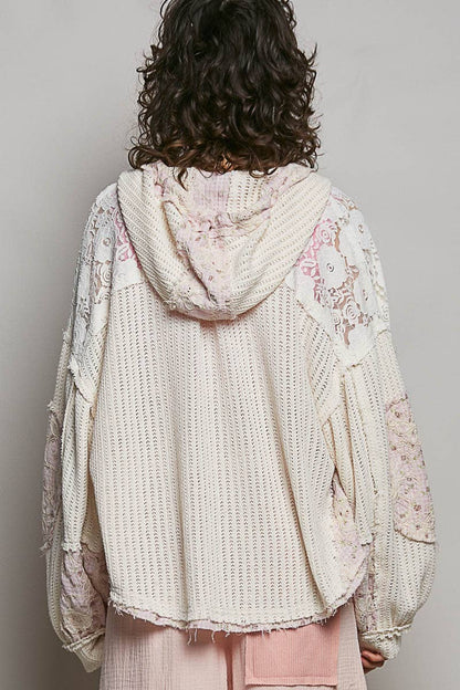 Floral Pattern Lace Contrast Textured Knit Hooded Jacket