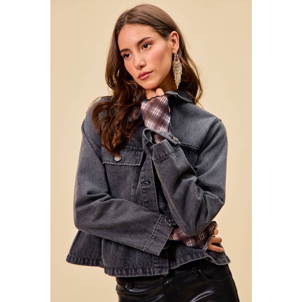 DENIM PEPLUM HEM FRONT BUTTON JACKET WITH POCKETS