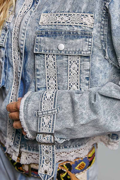 Vintage Wash Denim Lace Trim Buckle Cuff Stand Collar Jacket