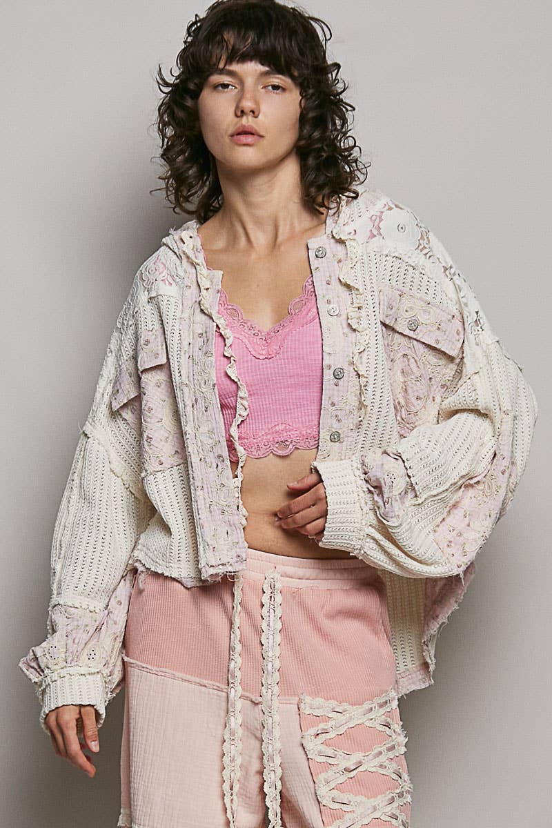 Floral Pattern Lace Contrast Textured Knit Hooded Jacket
