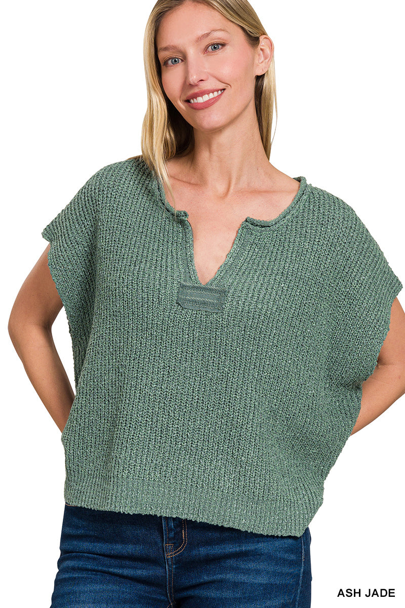 Split Neck Short Sleeve Sweater Knit Top
