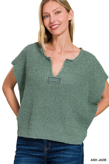 Split Neck Short Sleeve Sweater Knit Top