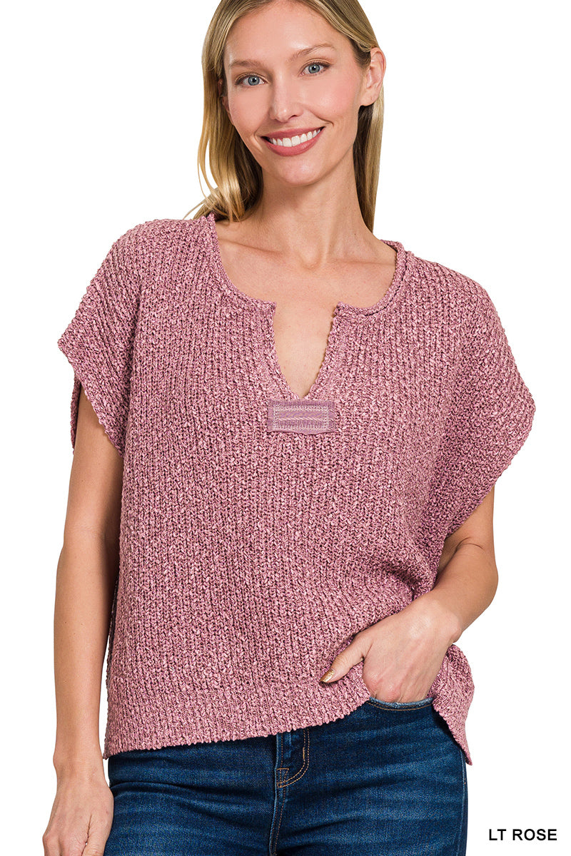 Split Neck Short Sleeve Sweater Knit Top