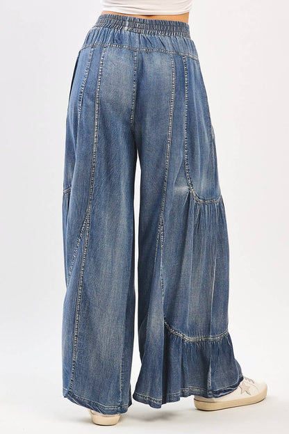 Washed Chambray Tier Detail Wide Leg Pants