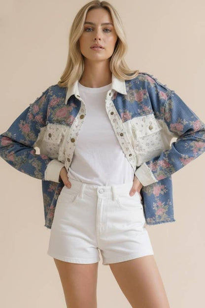 Washed Floral Color Block Denim Jacket