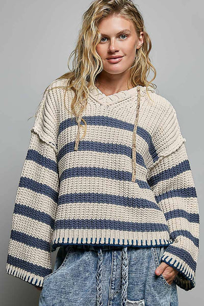 Hoodie V-neck Striped Long Sleeve Stitch Chenille Sweater