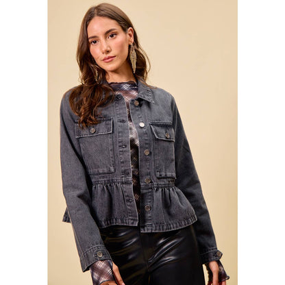 DENIM PEPLUM HEM FRONT BUTTON JACKET WITH POCKETS