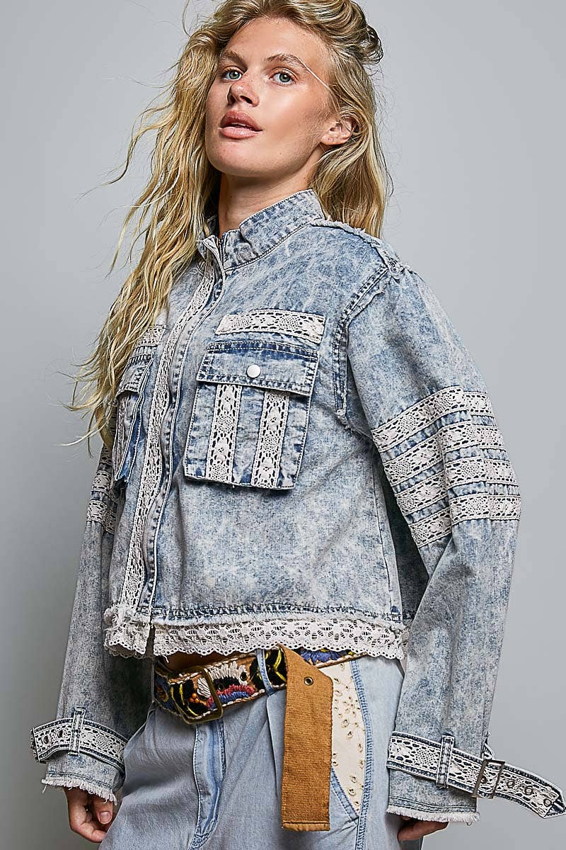 Vintage Wash Denim Lace Trim Buckle Cuff Stand Collar Jacket