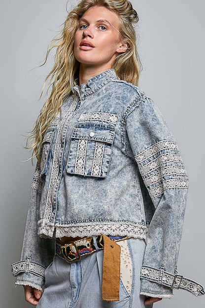 Vintage Wash Denim Lace Trim Buckle Cuff Stand Collar Jacket