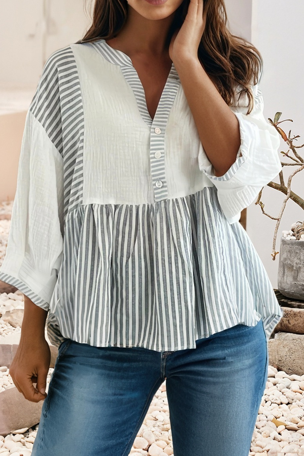 Button Gauze Patchwork Bracelet Sleeve Babydoll Blouse