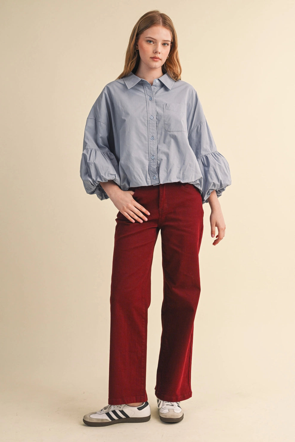 Button Down Bubble Sleeve Top