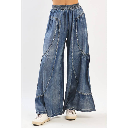 Washed Chambray Tier Detail Wide Leg Pants