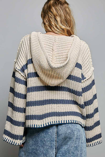 Hoodie V-neck Striped Long Sleeve Stitch Chenille Sweater