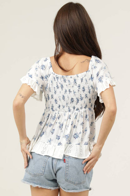 EYELET EMBROIDERY RUFFLE TRIM TWIST FRONT TOP