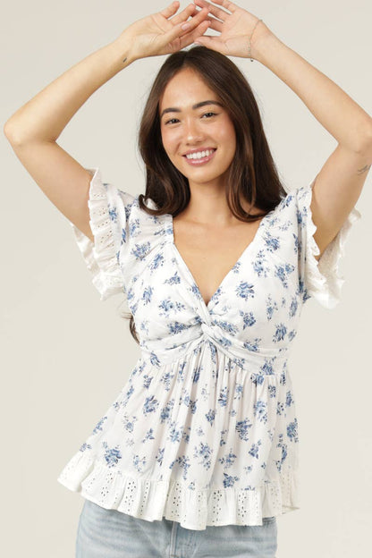 EYELET EMBROIDERY RUFFLE TRIM TWIST FRONT TOP