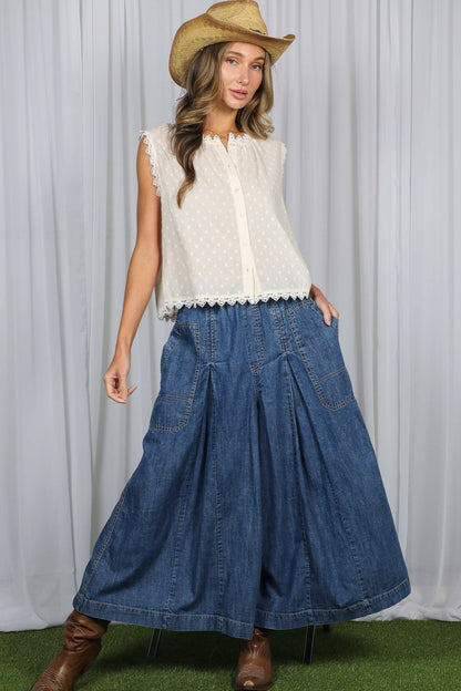 Vine & Love - Pin-Tuck 100%Tencel Chambray Cropped Washed Pants