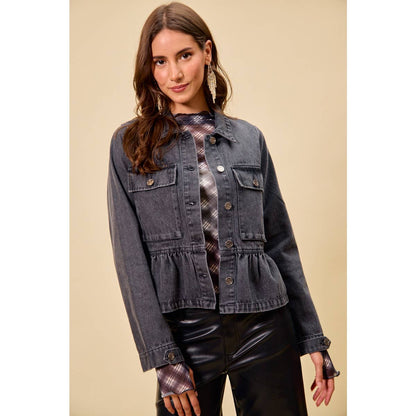 DENIM PEPLUM HEM FRONT BUTTON JACKET WITH POCKETS