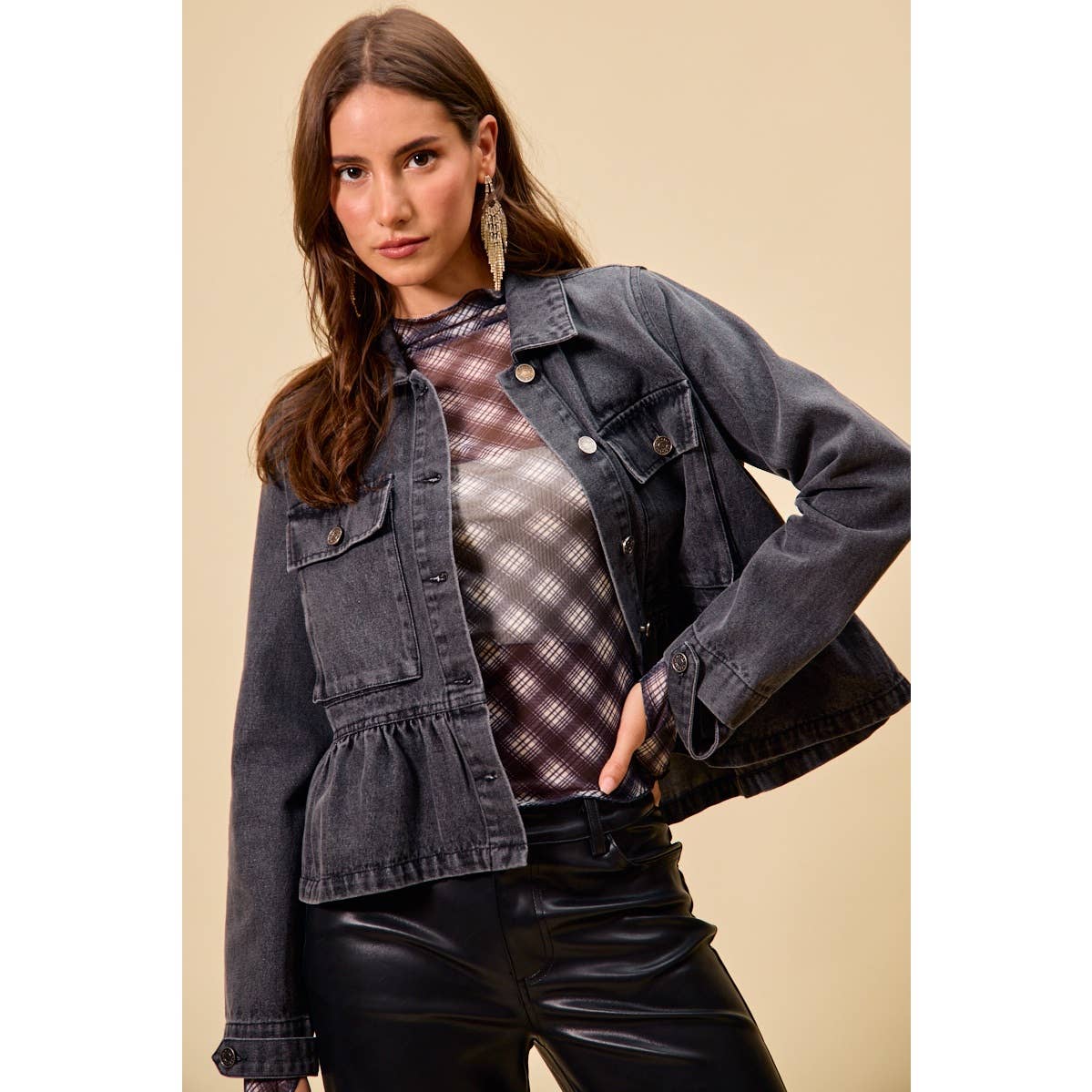 DENIM PEPLUM HEM FRONT BUTTON JACKET WITH POCKETS