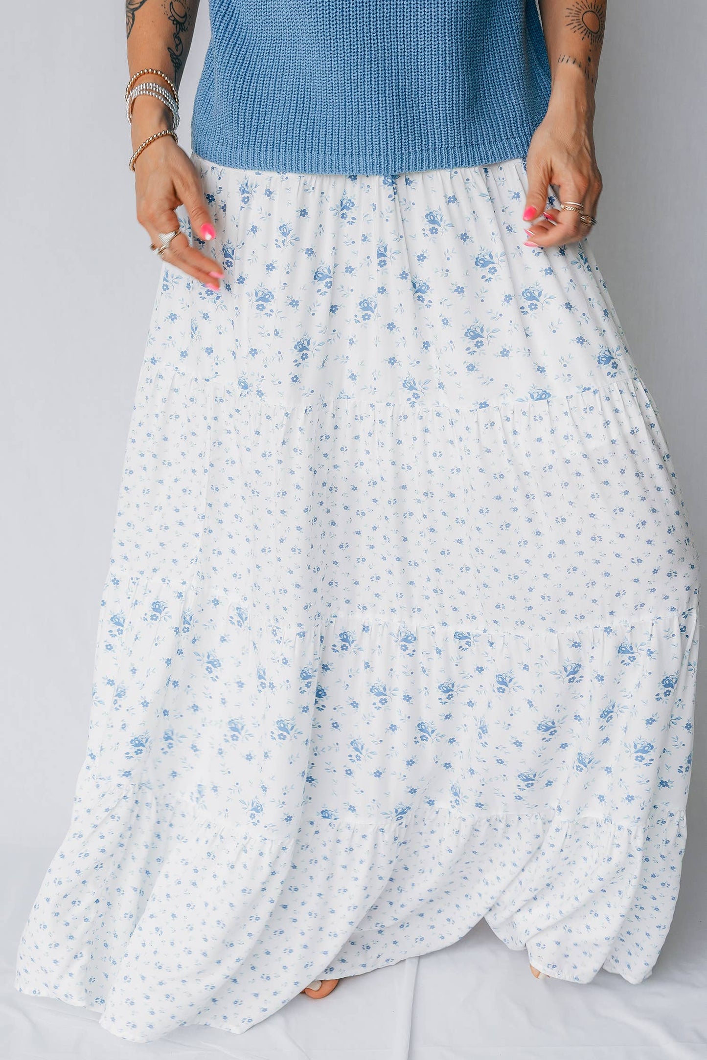Little Daisy Closet - High Waist Tiny Floral Print Boho Maxi Skirt