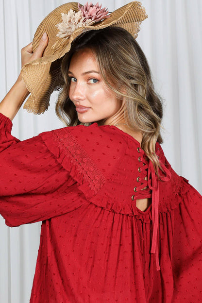 Lace-Up Back Detail Swiss Dot Patterned Blouse