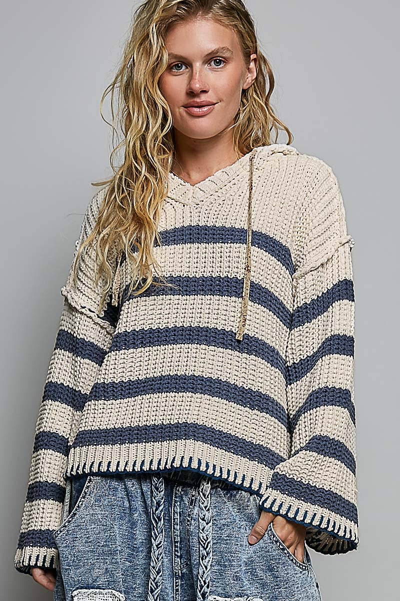 Hoodie V-neck Striped Long Sleeve Stitch Chenille Sweater