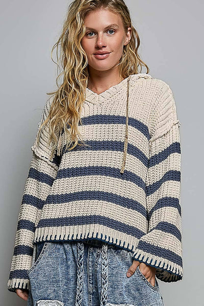 Hoodie V-neck Striped Long Sleeve Stitch Chenille Sweater