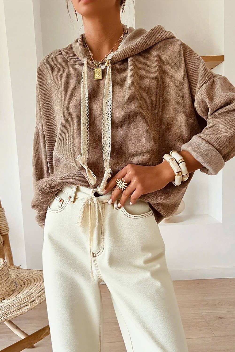 Thermal Textured Lace Drawstring Baggy Hoodie
